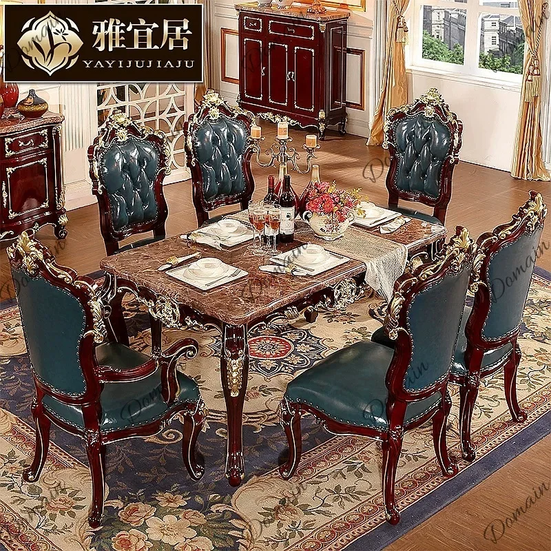 VP European Style Solid Wood Marble Dining Table Set for 6, Luxury Red Sandalwood Color Space Saving Rectangle Kitchen Table