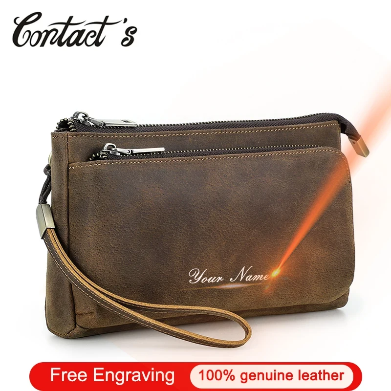 Contato-Bolsa de couro genuíno masculina, bolsa de mão de viagem masculina, carteira longa casual, grande capacidade, design de luxo