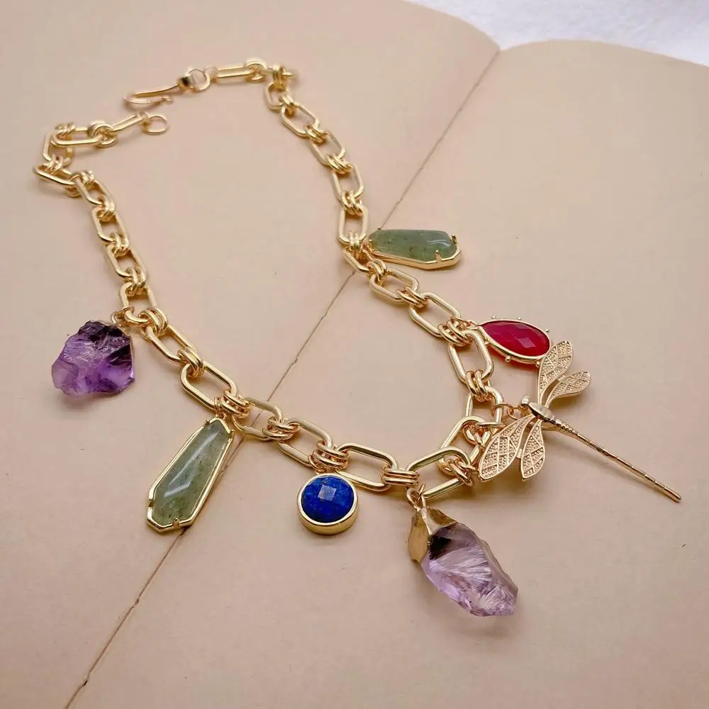 

KKGEM 11x27mm Aventurine Charm 15x25mm Multi Gemstone Lapis Amethyst Jade Gold Plated Choker Necklace