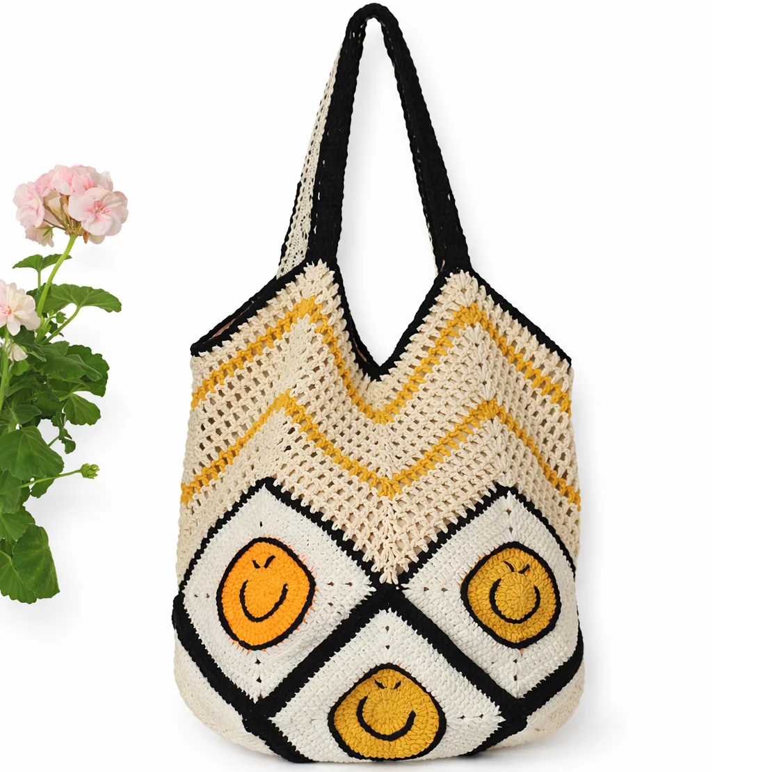

Hand Crocheted Cute Smiley Face Tote Bag - Cotton Lined, Magnetic Closure, Roomy Casual Shoulder Bag