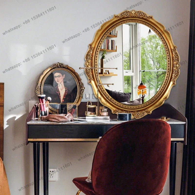 European American Vintage Oval Bathroom Mirror with Carved Frame Wall Mounted Art Decorative Mirror for Bathroom and Entryway