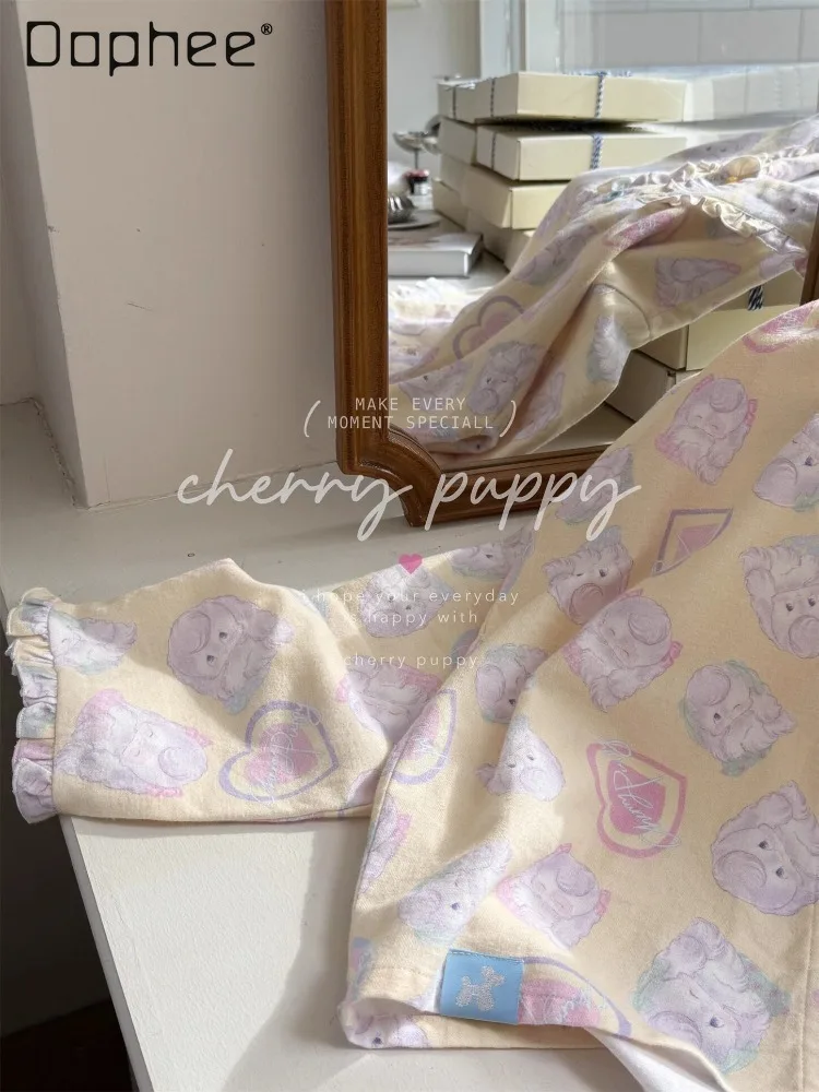 Soft Cute Girl Cartoon Print Pajamas Loose Shoulder Long Sleeves Fungus Edge Pleated Trousers Two-piece Set Women's Loungewear