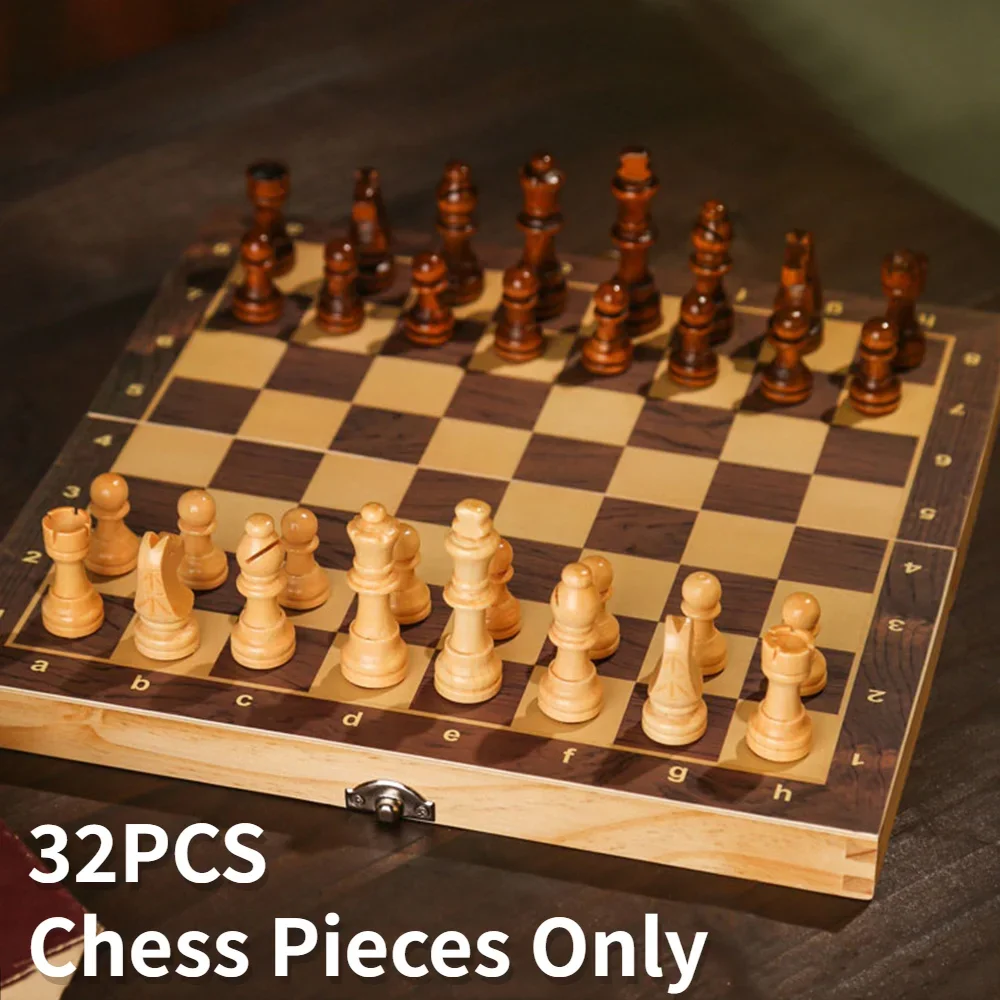 Wooden Chessmen Chess Game Pawns Standard Tournamen Staunton 32PCS Figurine Pieces Chess Pieces Only for Chess Board Game