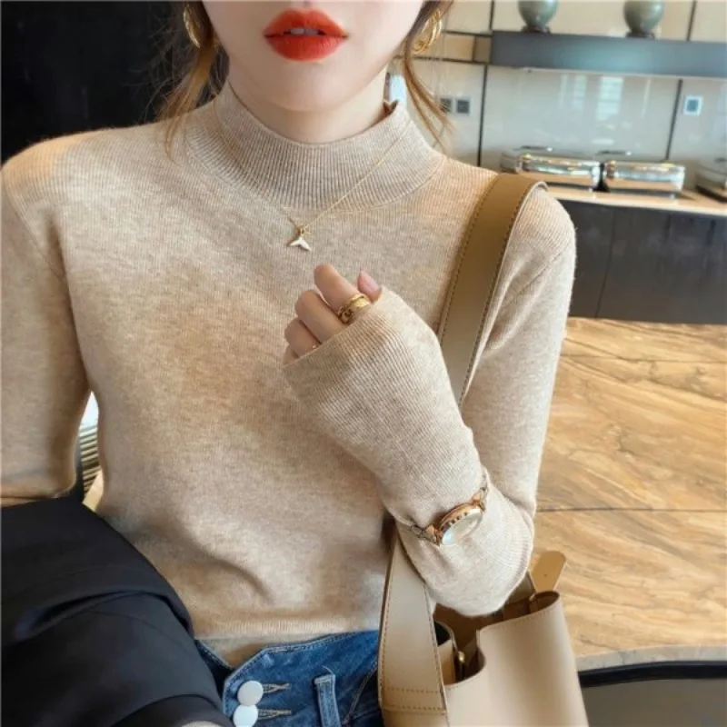 American Vintage Solid Color Knitwear Autumn New Simple Style Half High Neck Long Sleeve Base T-shirt Women's Fashion Slim Top