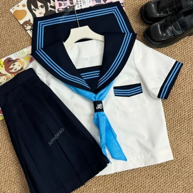 Japanese School Girl JK Uniform Skirts Suit Women Girl Bow Sailor Blouses Pleated Short Skirt Sailor Uniform JK Navy Costumes