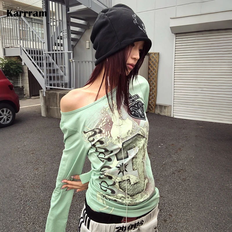 Karrram Japanisches Y2k-Grafik-Print-T-Shirt im Trashy-Stil der 2000er Jahre, Langarm, Mintgrün, Vintage Harajuku Streetwear, Amerikanisch