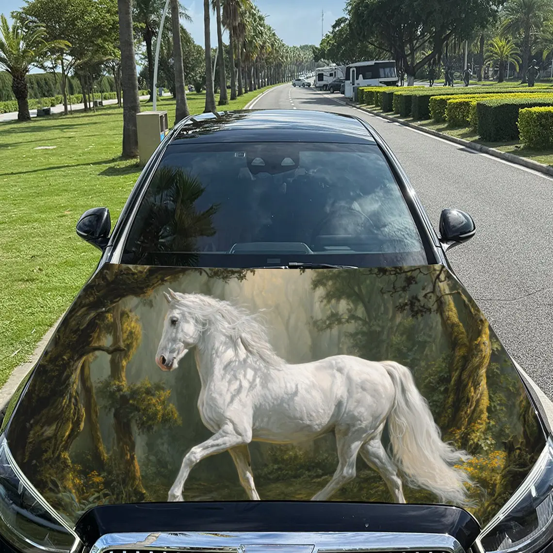 

Dreamy White Horse in Forest PVC Car Engine Hood Vinyl Wraps, Self-Adhesive Waterproof Car Hood Decal Sticker, Car Decoration P