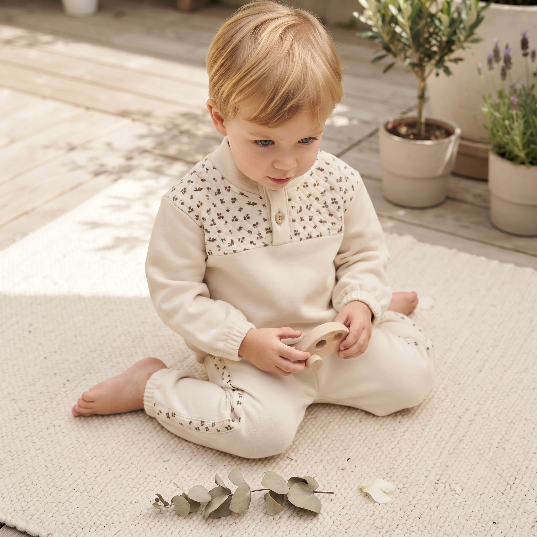 Spring Autumn Baby Floral Patch Stand Collar Sweatshirt Set Half Button Top Side Print Jogger Pants Unisex Infant 2Pcs Outfit