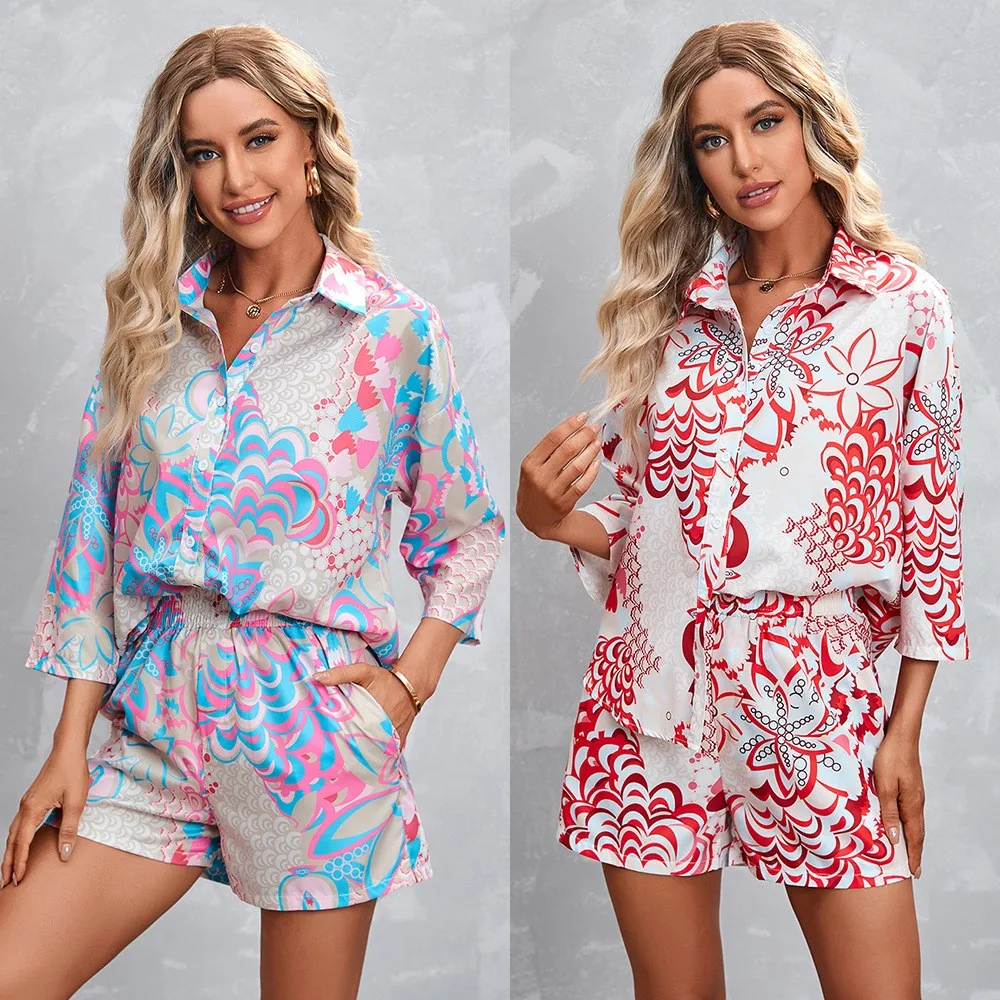 Floral Print Shirt Women Two-piece Set Women\'s Shirt Shorts Sets Fashion Lapel Collar Loose Fit For Outfits 2024 Spring Summer