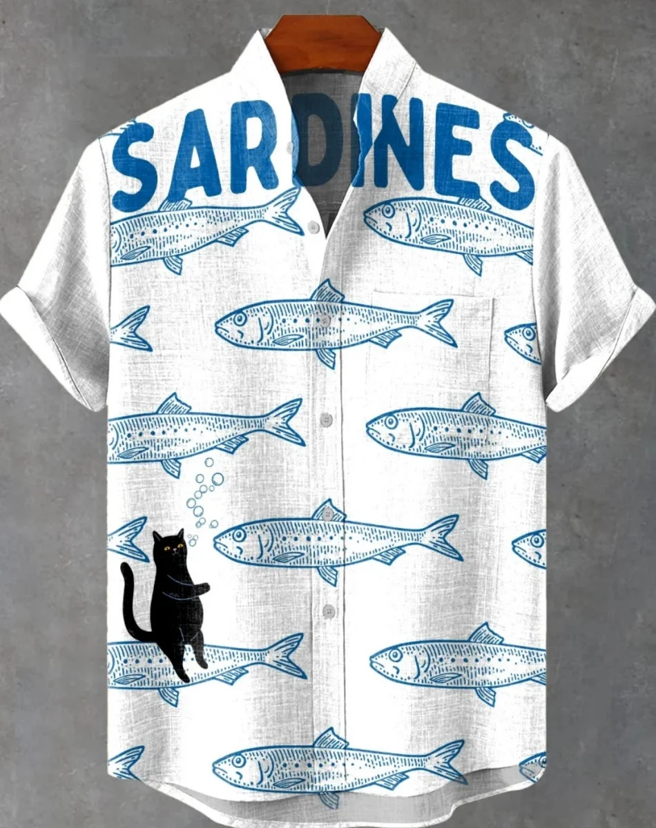 男性用のリネン生地のフィッシュとタコのプリントが施されたカジュアルな半袖シャツ、フェスティバルスタイル、ヴィンテージスタイル、l