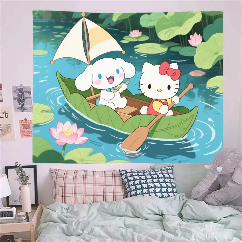 1PC Sanrio Hello Kitty Cinnamoroll Kawaii Bootfahren Wandteppich, ästhetische Polyester Wandkunst für Schlafzimmer Wohnzimmer Dekor, süßes Mädchen