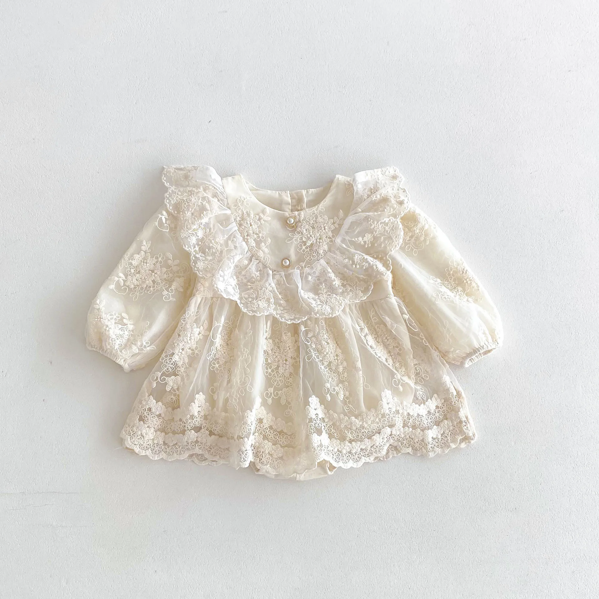 2026 Prinzessinnenkleid für Babys, Mädchen, 0–24 Monate, Vintage-Spitze, bestickt, Rüschenkragen, Stramplerkleid mit Druckknopfverschluss, formelles Partykleid – Detail 4