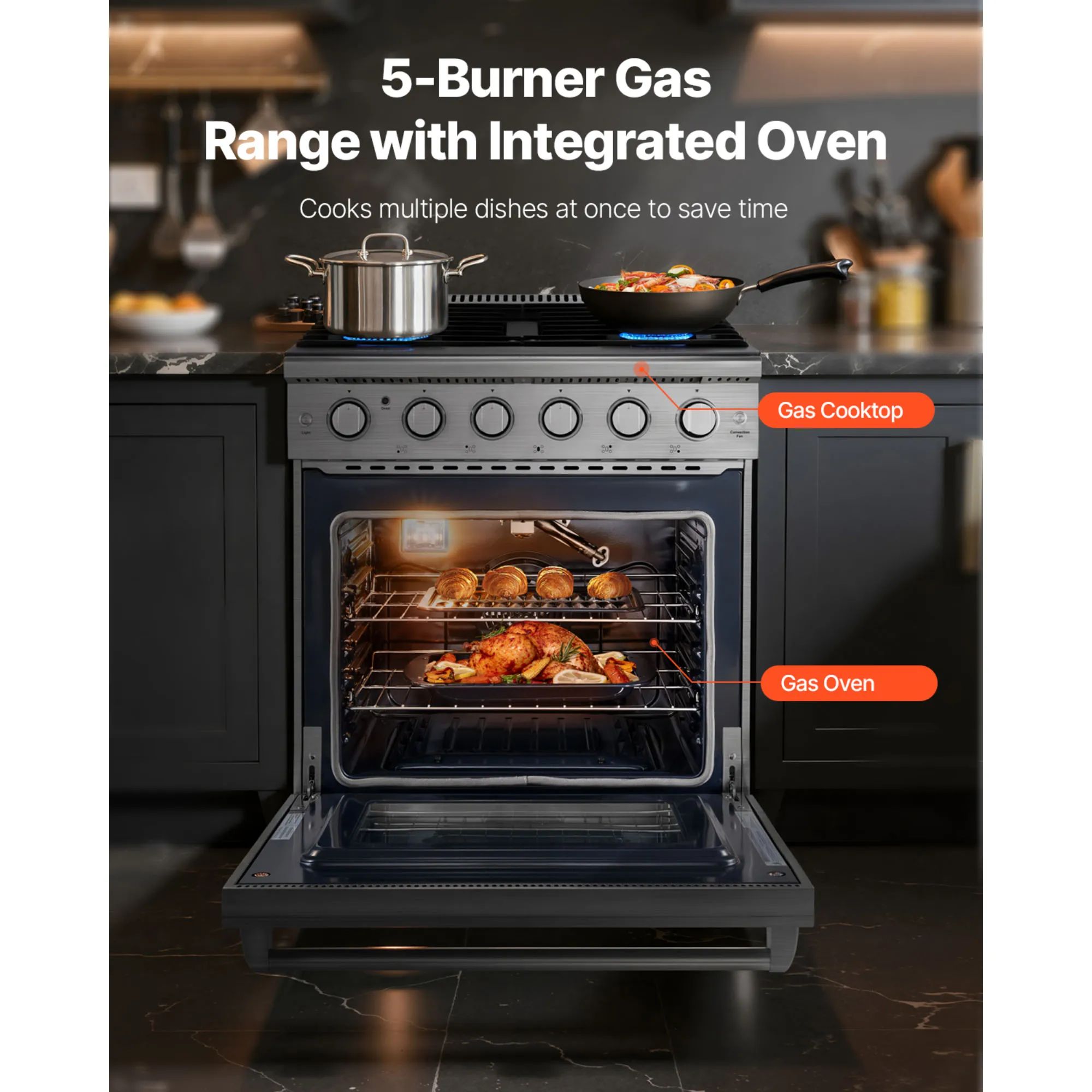 Gas Range Oven, 30 Inches Width, Freestanding Stainless Steel Stove and Oven with 5 Sealed Cooktop Burners, Easy Reach Racks, 4.8 Cu. Ft. Capacity, for Apartment, Home, Kitchen