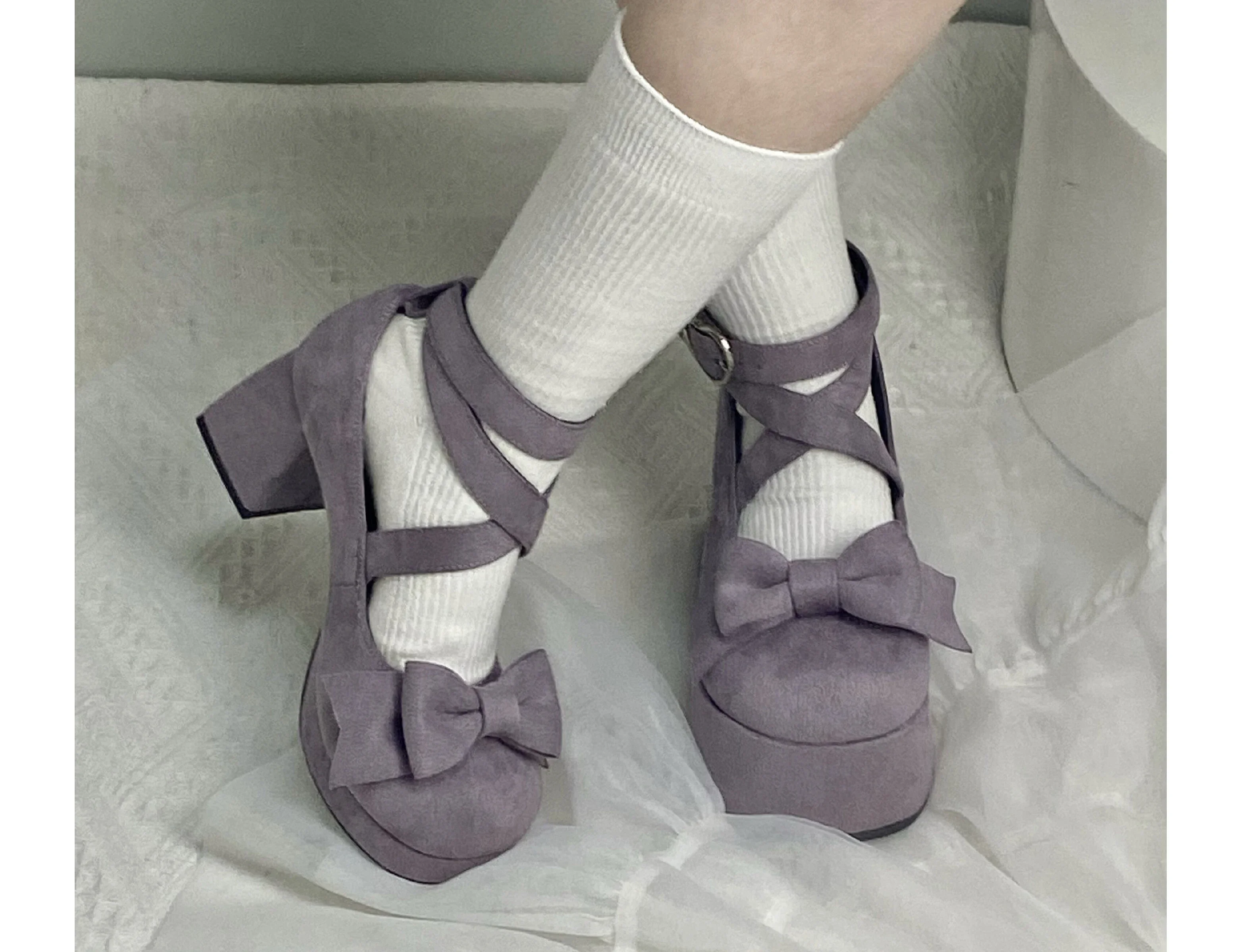 Elegant Fashion Lolita Round Toe Women High-Heeled Shoes Spring and Autumn Sweet Solid Color Velvet Cross Strap Bow High Heels