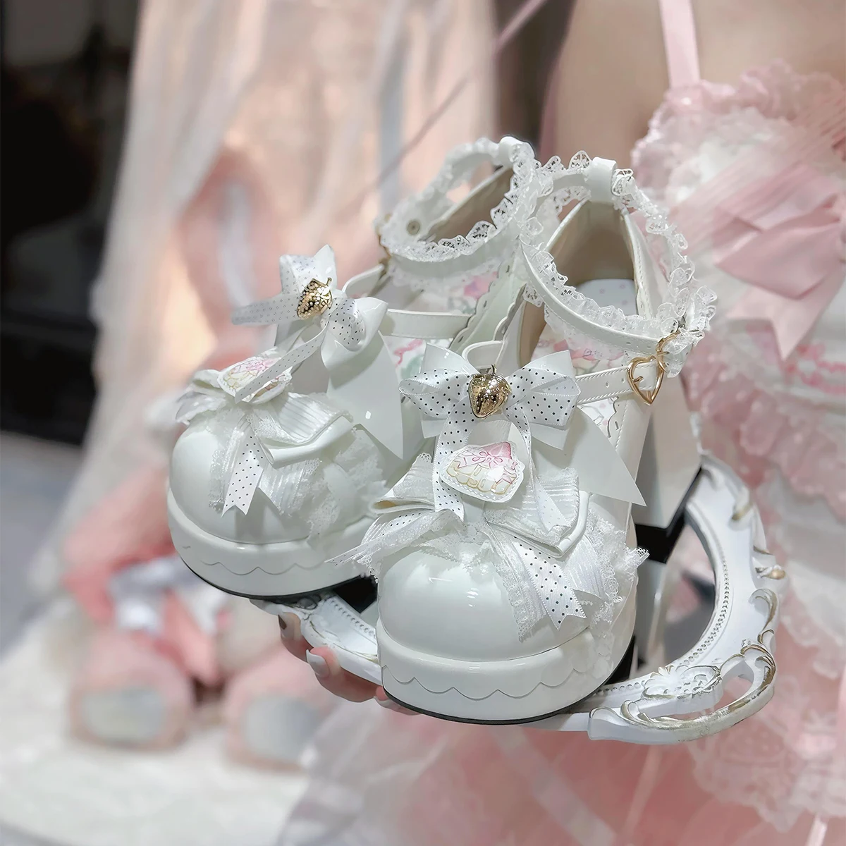Strawberry Love Language Original High Heels Luo Shoes Bow Love Lolita Shoes Cute Sweet Coarse Follow Shoes Women