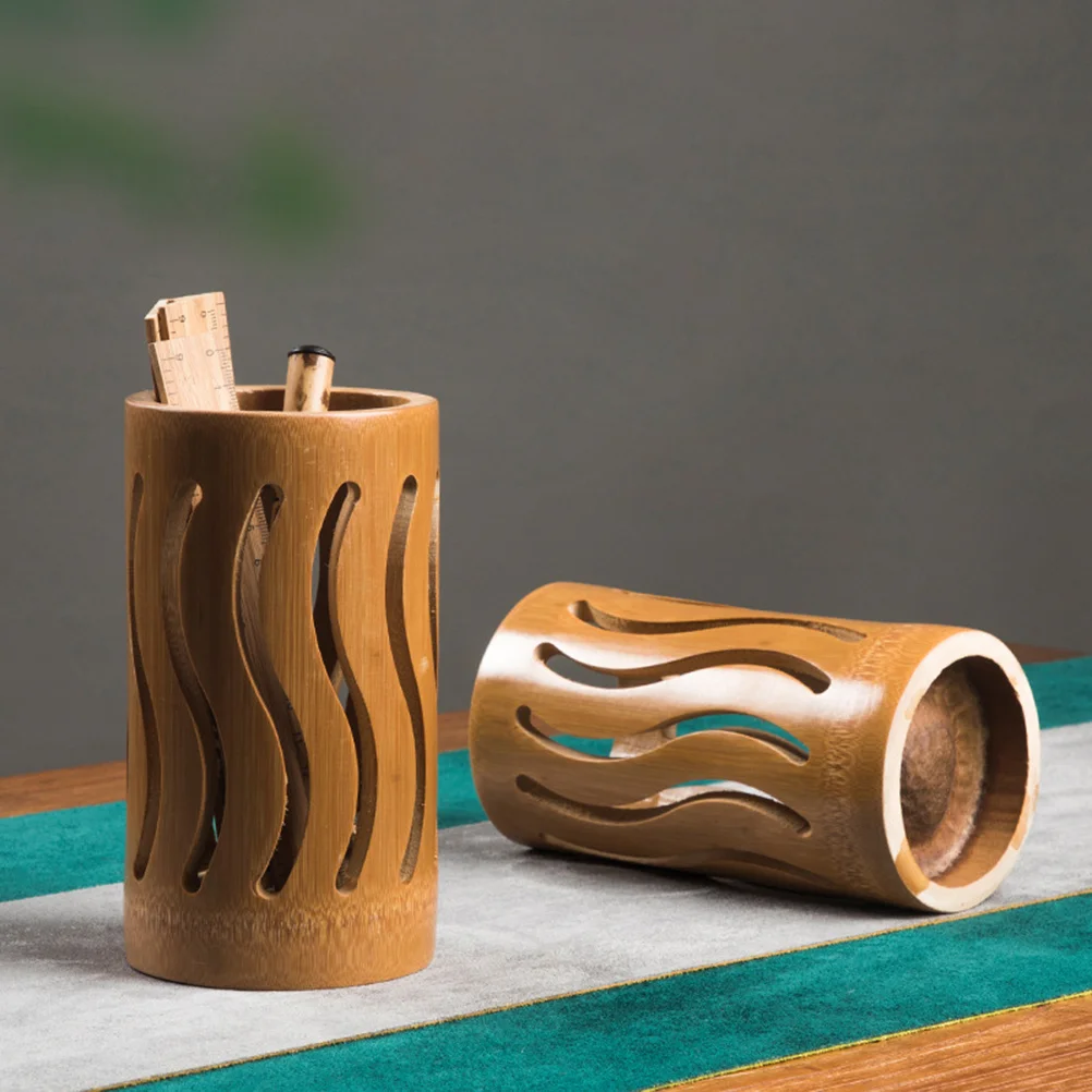 

Hollow-Out Bamboo Pen Container Sturdy Portable Organizer for Desk Table Multiple Use School Office Stationery Storage
