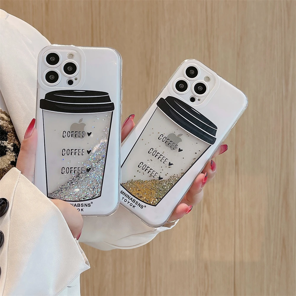 3D Coffee Cup Quicksand Phone Case for iPhone 14 13 12 11 Pro Max 7 8 14 Plus X Xr Xs Max Fashion Glitter Shockproof Soft Cover