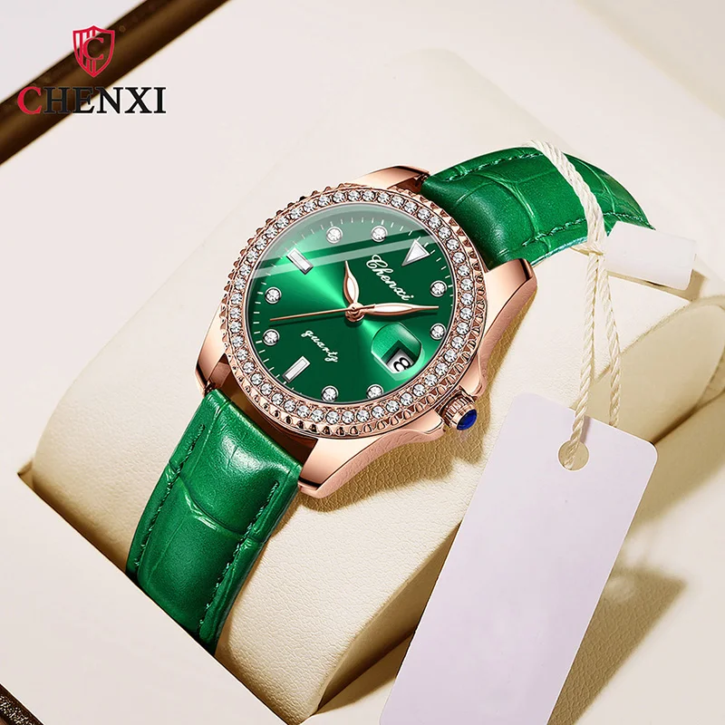 CHENXI-Reloj de pulsera de acero inoxidable para mujer, cronógrafo con esfera verde de estilo Vintage, diseño de diamantes de imitación, regalo del