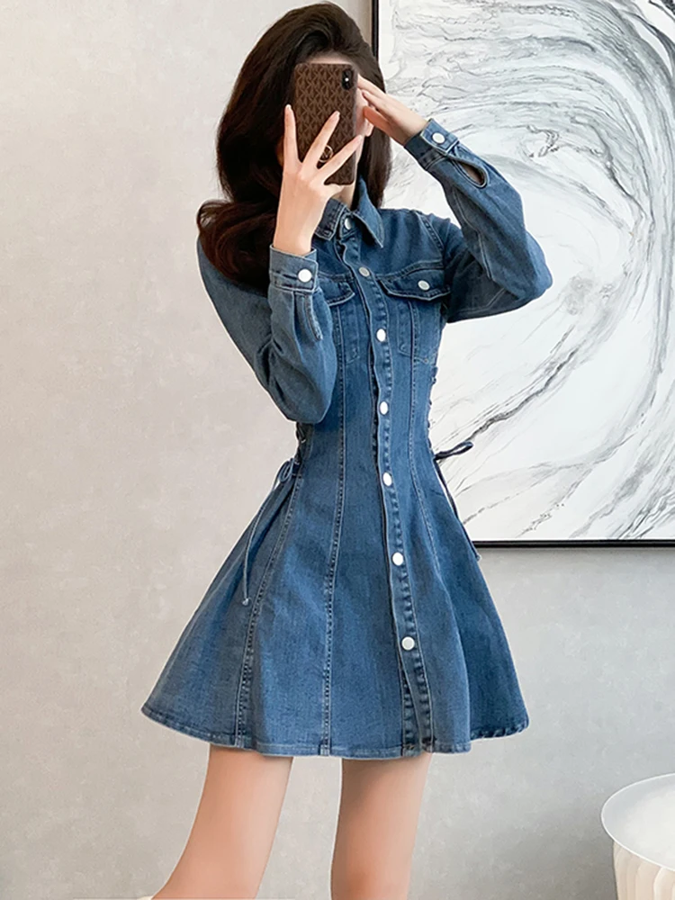 Korean A-line Mini Denim Dress  Women\'s Clothing Autumn New Style  High Waist Belt Polo Neck A-line Dresses Bandage Waist Design