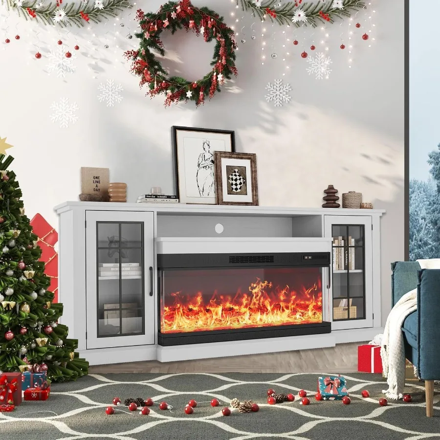 

40-Inch 3-Sided Glass Electric Fireplace with 75-Inch TV Stand Featuring 12 Color LED Lights Flame Effect Dual Heat Settings of