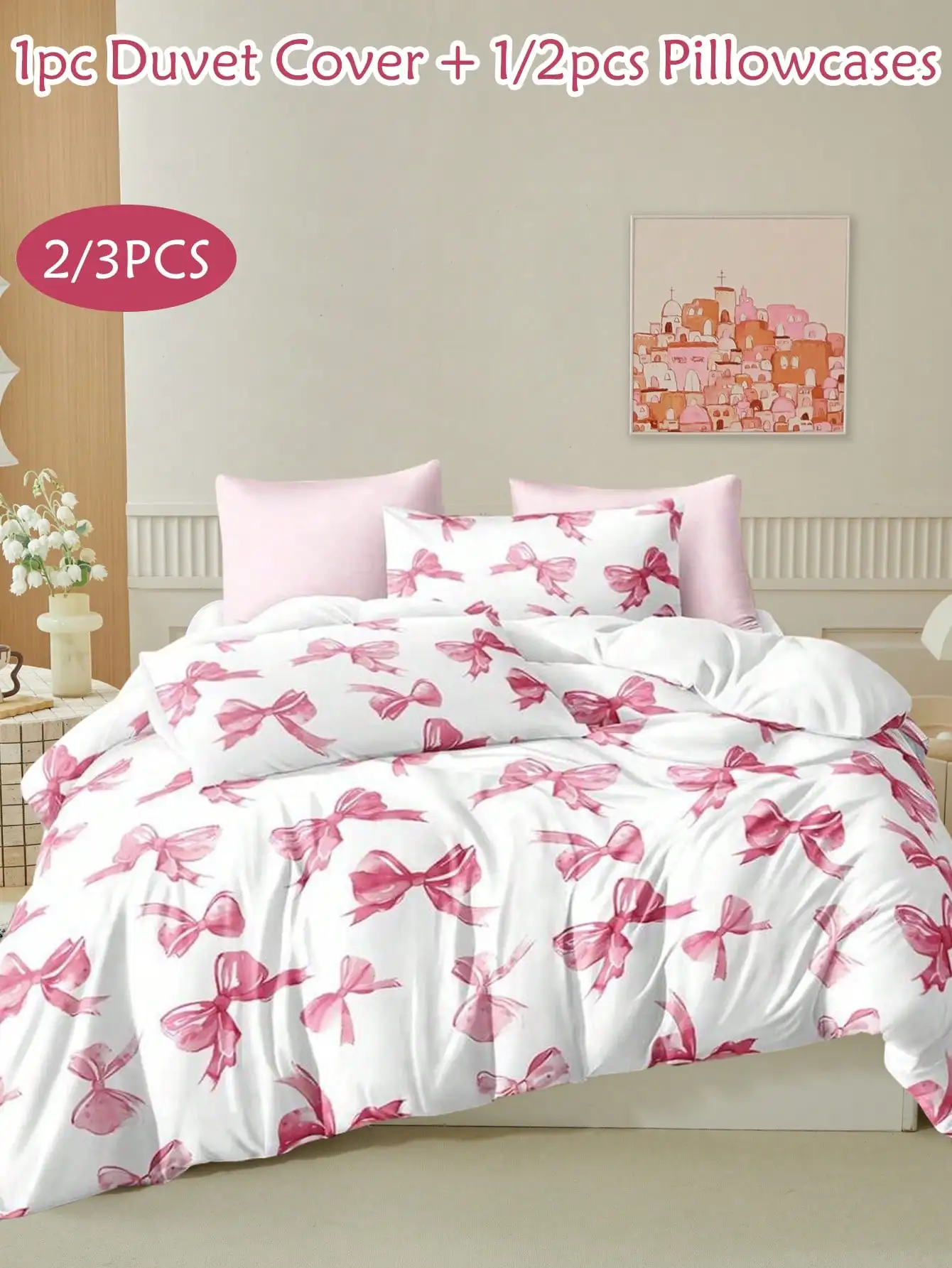 

2/3pcs Pink Bow Pattern Digital Printed Polyester Duvet Cover Set, Cute Modern Bedding Set Queen Size For All Seasons,