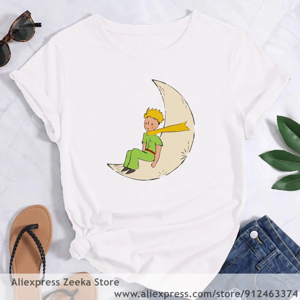 Little Prince Art Beautiful Retro Pretty Cute  Women Funny Print Ladies T-shirt Girl Y2K  Basis O-collar White Shirt Short