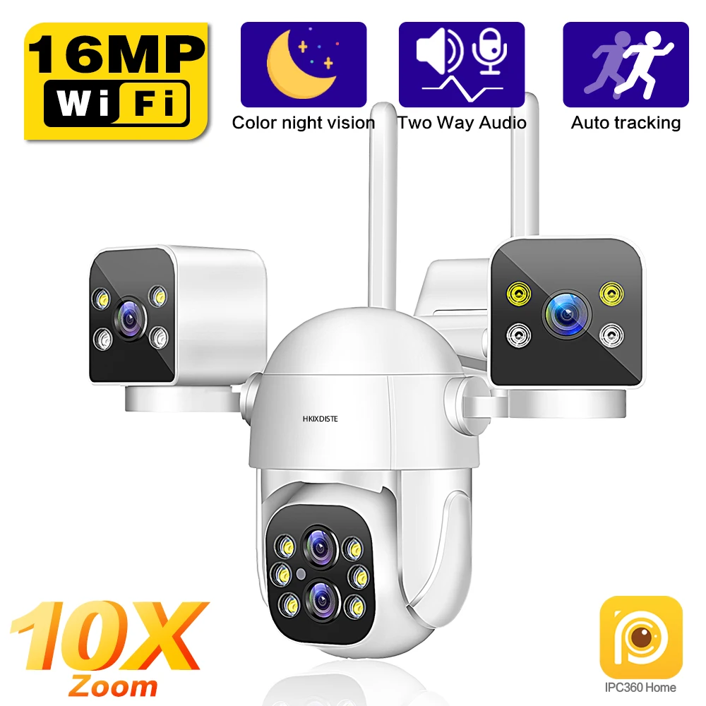 10X Zoom 16MP 4K Wifi PTZ Security Camera  Four Lens Three Screen outdoor Auto tracking Wireless CCTV Video Surveillance Camera