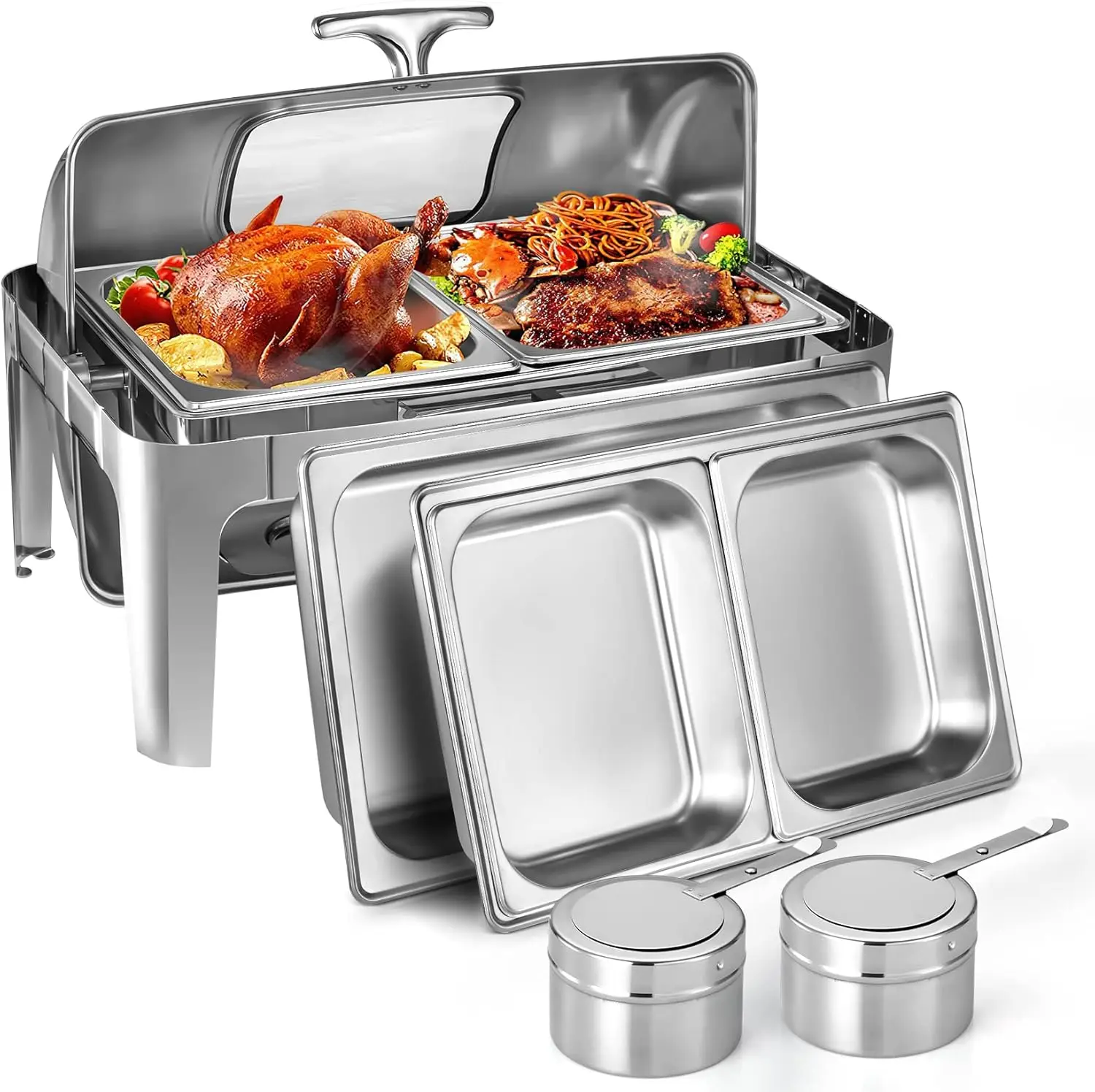 

9 QT Roll Top Chafing Dish Buffet Set, Professional Food Warmer Buffet Set for Party, 1/2 Size Pan, Stainless Steel