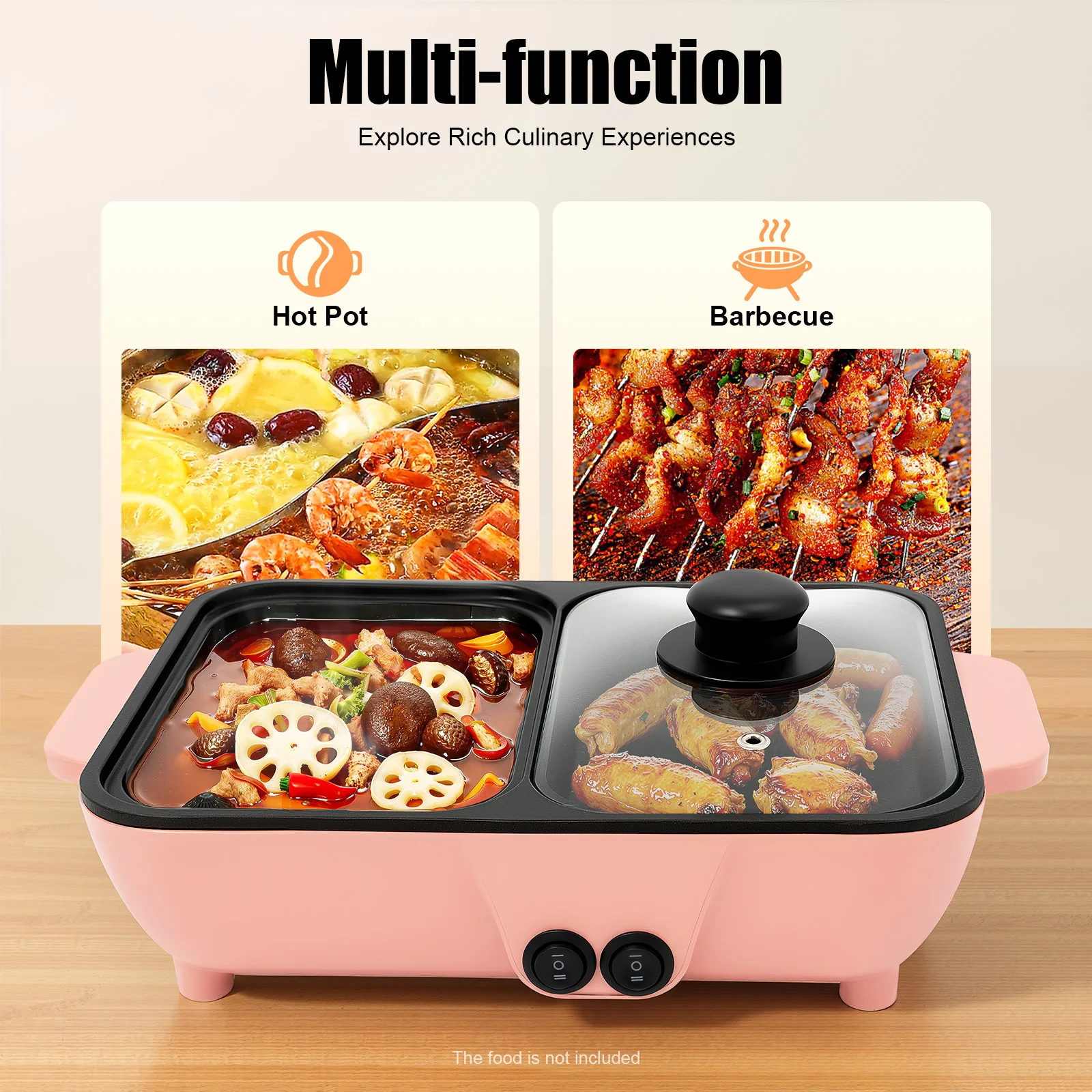 

2 in 1 110V Electric Hot Pot Barbecue Grill Portable Non-Stick Teppanyaki Pan for Indoor Hotpot Grill Korean BBQ Combo (Pink)