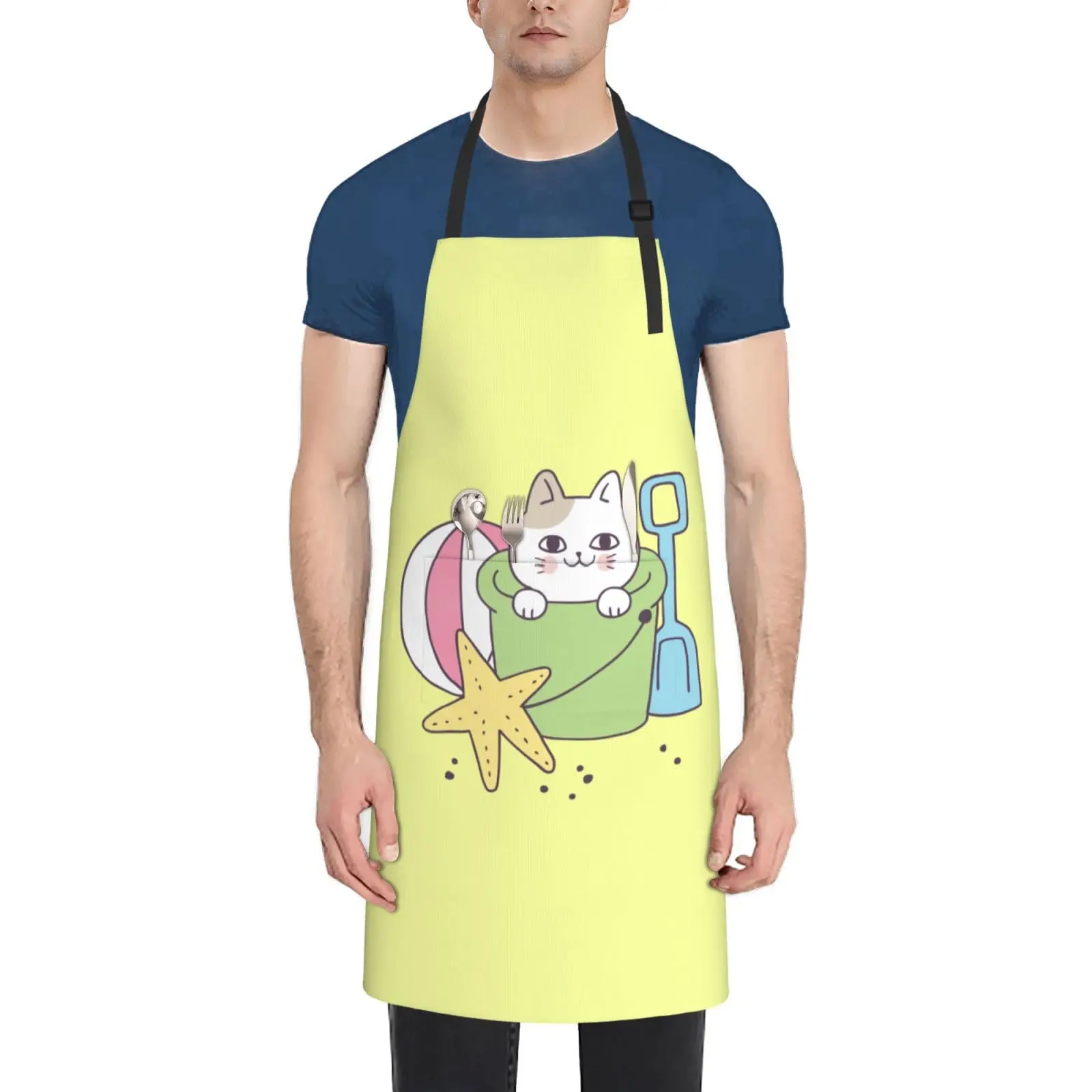 

Cartoon Cute Cat On Beach Apron Adjustable Neck Aprons For Men Women With Pockets Waterproof Aprons