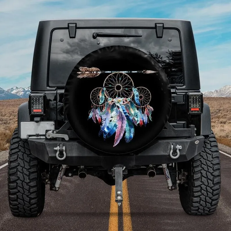 Spare Tire Cover with Boho Dreamcatcher design, Arrow Dreamcatcher Wheel Cover backup camera hole, Dreamcatcher Camper Tire Cove