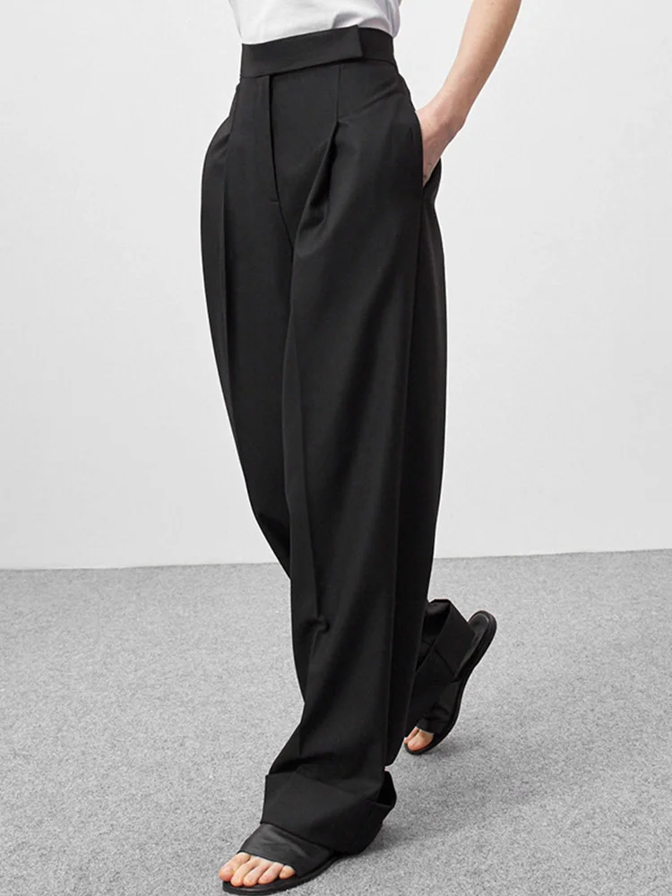 

Spring Summer Black Ladies Office Trousers Women High Waist Pants Pockets Female Pleated Wide Leg Pants Solid 2024