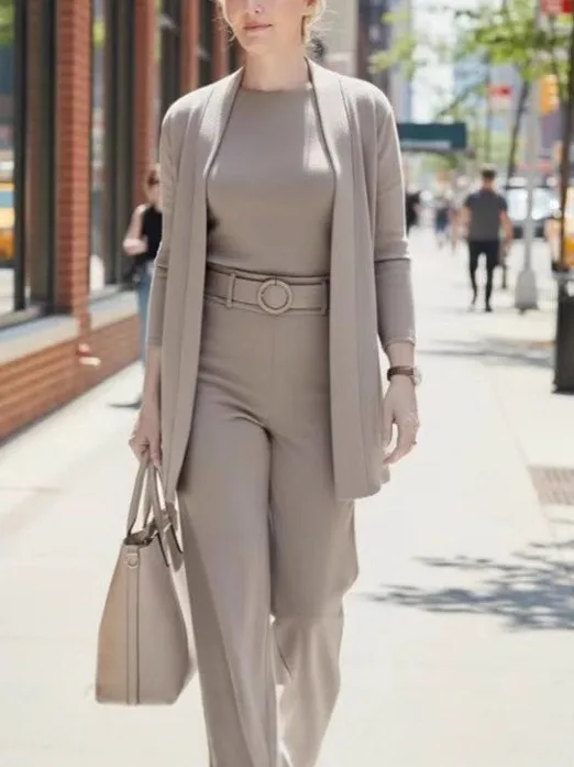 

Autumn Women's Clothing Prayer Clothes Solid Round Neck Long Sleeve Top With Belt Pants Set Polyester Comfort Muslim Outfit