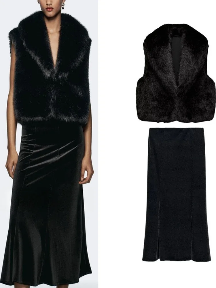 

Женский комплект из вельветового жилета с искусственным мехом и юбки миди, модный комплект с длинными брюками, зимняя коллекция, китайский бренд