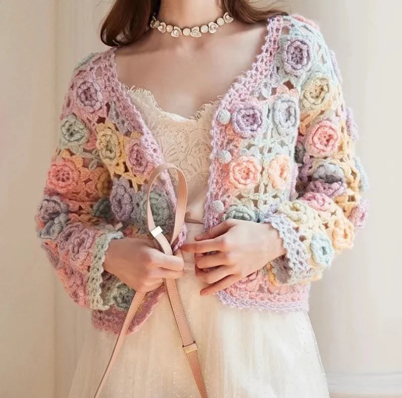 Women Rainbow 3D Flowers Sweater Coat Patchwork Hit Color Floral Crocheted Roses Knitted Cardigan Knitwear V Neck Hooked Tops