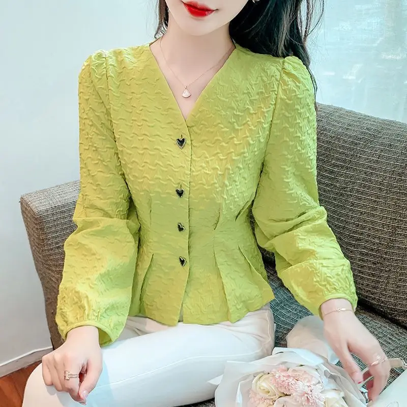 French Elegant Chic V-neck Ruffled Button Shirt for Women Spring Autumn Fashion Slim Long Sleeve Green Blouses Tops Blusas Mujer