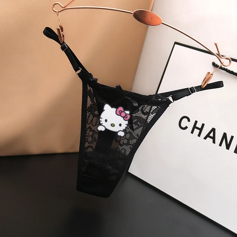 

Hello Kitty Hot Thong Low Waist Sexy Lace Transparent Girl Underwear Adjustable Thin Strap Fashionable Women T-trousers Briefs