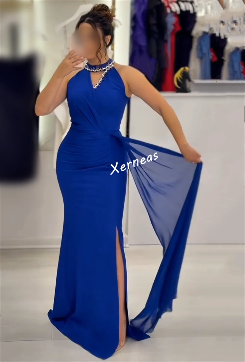 カスタムメイドのジャージプリーツラインストーンハイカラーマーメイドロングドレス、オーダーメイドの特別な機会に、女性のためのグリッターエレガントなパーティガウン