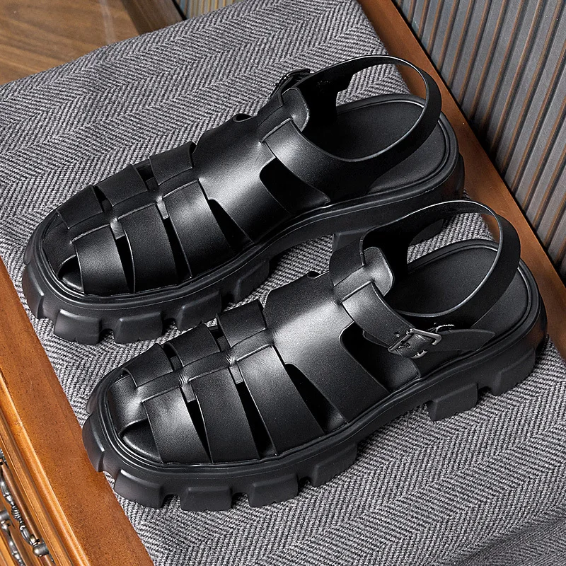 

Designer Sandals Mens Breathable Beach Shoes Summer Open-toed Flat-bottomed Roman Sandals Men Genuine Leather Spring Anti-skid