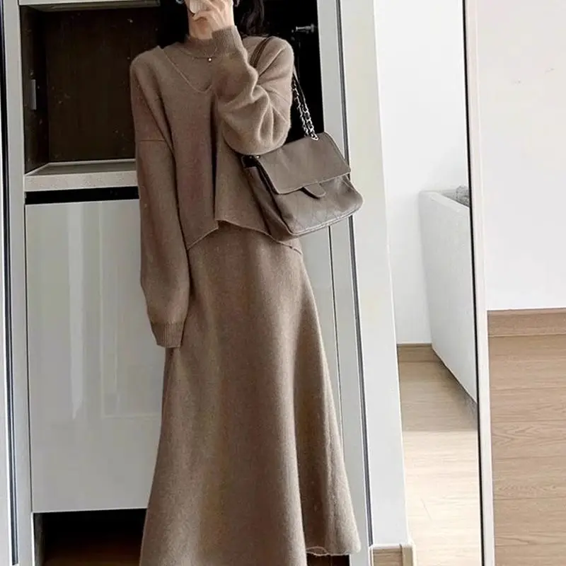 

Autumn Winter Women's Graceful Sweater Tank Dress Two Piece Suit Lady Daily Joker Solild V-Neck Knit Tops Sleeveless Dresses Set