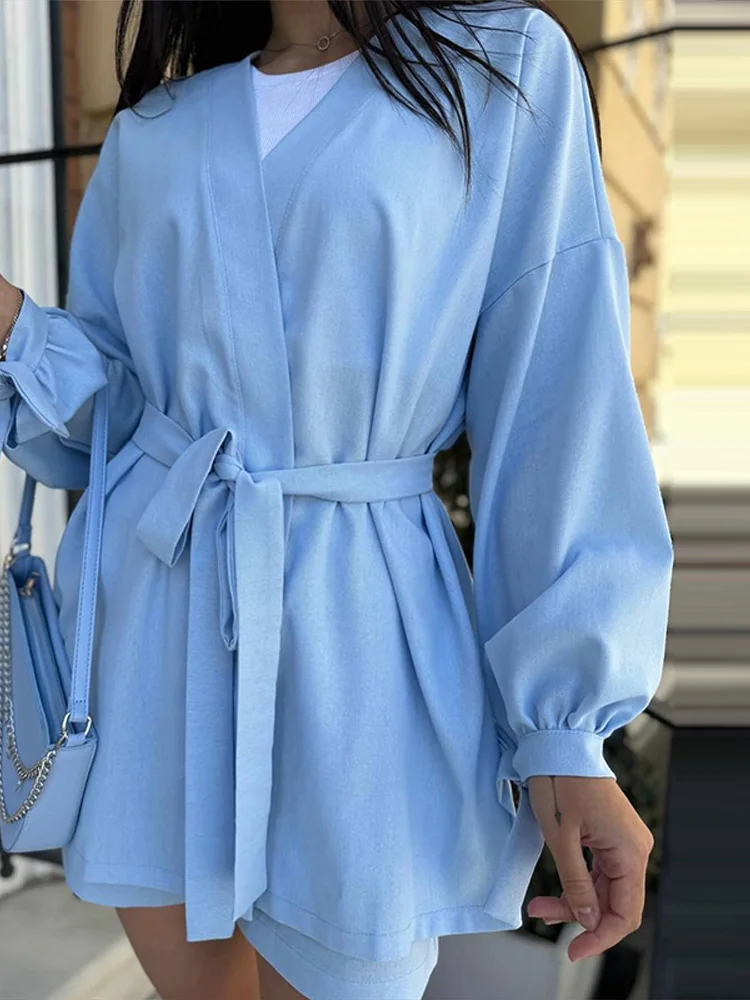 

Chic Women's Shorts 2-Piece Suits Set Long Sleeve V Neck Belted Shirt Matching Short Pant Solid Loose Casual Daily Female Outfit