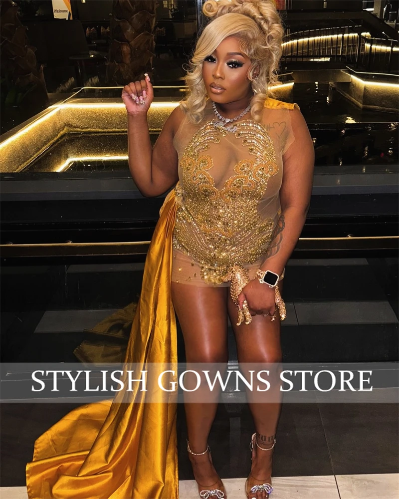 Gold O Neck Short Prom Dress For Black Girls 2024 Beaded Rhinestone Evening Gown With Tail Birthday Party Gowns Mini Cocktail