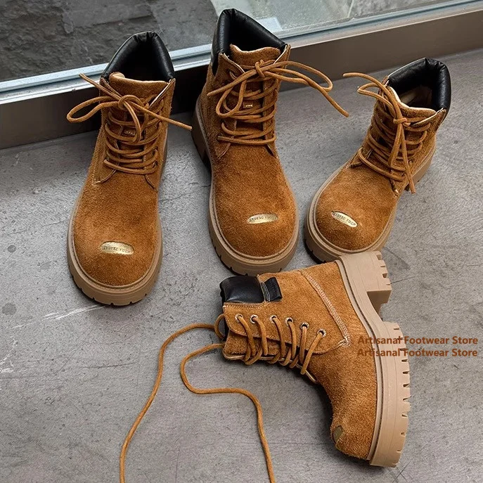 Big Round Toe Men's Boots Thick Bottom Height Increasing Motorcycle Boots Retro Classic Outdoor Designer Handmade Men Boots