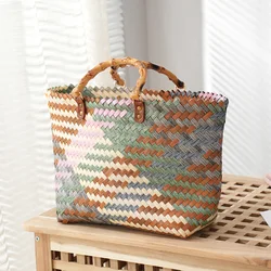 Vintage Bamboo Handle Rattan Ladies Handbag Wicker Hand Woven Basket Bag Woman Summer Beach Straw Bag Casual Tote Purses Women