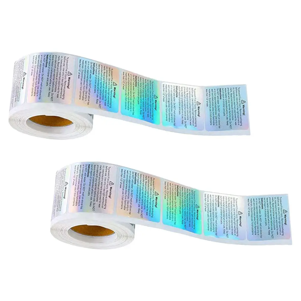 Holographic Waterproof Warning Stickers, 2 Rolls Rectangular Wax Melt Safety Labels with Strong Adhesive for DIY Jars & Tins