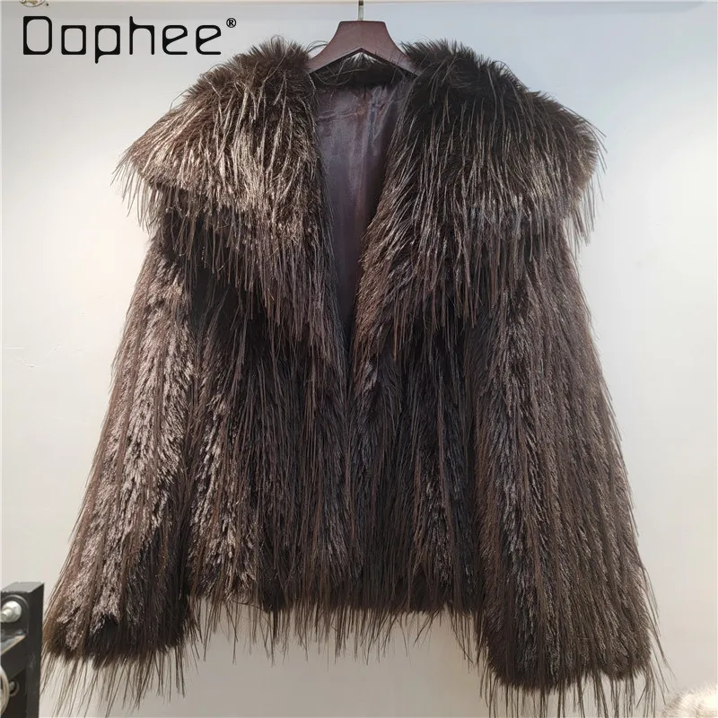 Koreańska Moda Frędzle Ekologiczny Płaszcz ze Sztucznego Futra Damski Elegancki Wysokiej Klasy Krótki Płaszcz ze Sztucznego Futra z Kołnierzem dla Socjety Nowość Zimowa