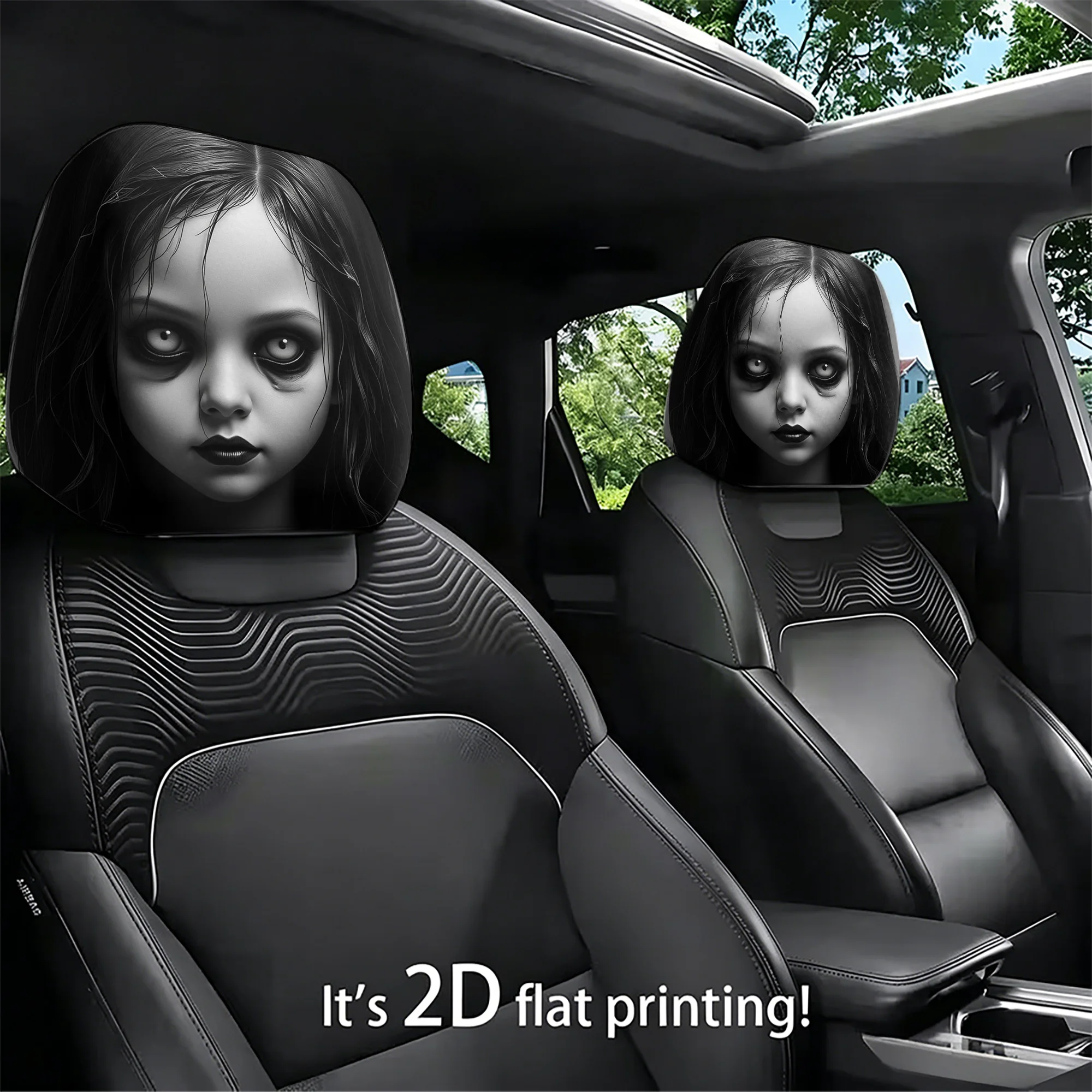 2pcs Spooky Gothic Girl Car Headrest Covers—create a spine-chilling atmosphere in your car. Not filled. Easy to install.