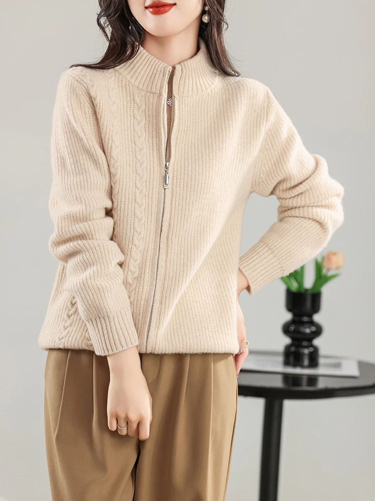 2024 New Women Cashmere Sweater 100% Merino Wool Zipper Cardigan Winter Soft Quality Knitwear Casual Luxary Tops Clothing