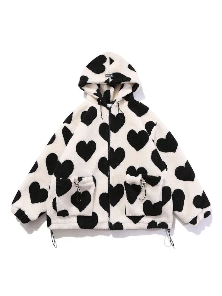 SHENGPALAE Harajuku Heart Full Print Plush Jacket Women autumn 2024 Korean Loose Long Sleeve Hooded Cotton Coat Thick Warm 5A956