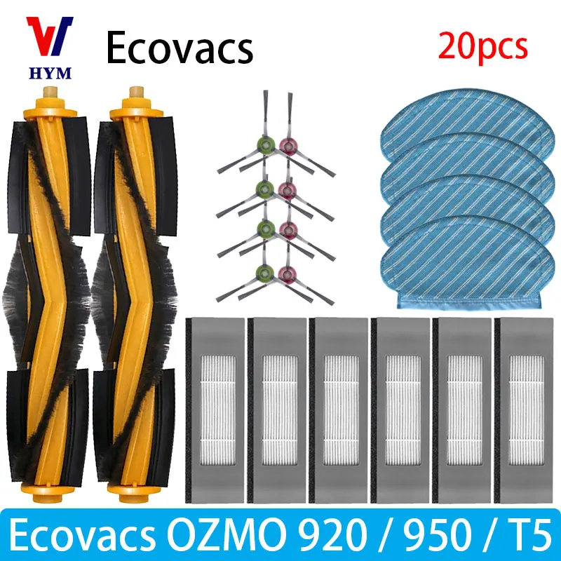 Accessoires voor Ecovacs Debot OZMO T5 / 920 / 950: hoofdborstel, zijborstel, waterreservoir, wielen, filter, dweil, reserveonderdelen voor stofzuiger.